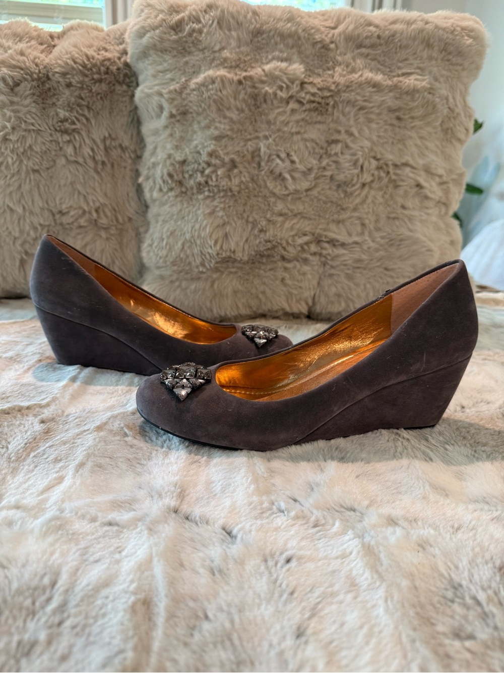 BCBG Dark Brown Suede Jeweled Wedge Pumps - Picture 6 of 7